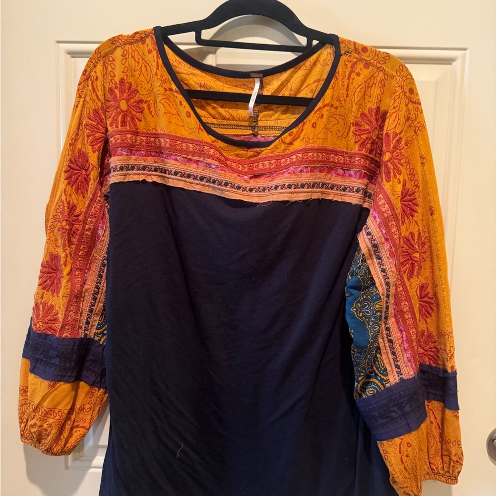 Free People Mixed-Print Boho Tunic in Mustard & Navy